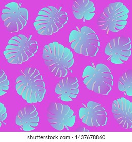 Seamless pattern with tropical monstera (philodendron) leaves on pastel pink background. Vaporwave retro 80s-90s style summer tropical vector illustration.