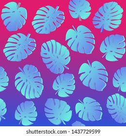 Seamless pattern with tropical monstera (philodendron) leaves on pastel pink background. Vaporwave trendy 80s-90s style summer tropical vector illustration.