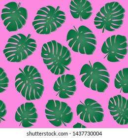 Seamless pattern with tropical monstera (philodendron) leaves on pastel pink background. Vaporwave trendy 80s-90s style summer tropical vector illustration.