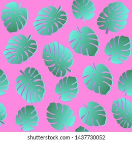 Seamless pattern with tropical monstera (philodendron) leaves on pastel pink background. Vaporwave trendy 80s-90s style summer tropical vector illustration.