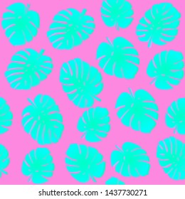 Seamless pattern with tropical monstera (philodendron) leaves on pastel pink background. Vaporwave trendy 80s-90s style summer tropical vector illustration.