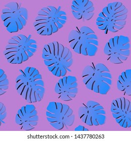 Seamless pattern with tropical monstera (philodendron) leaves on pastel pink background. Vaporwave trendy 80s-90s style summer tropical vector illustration.