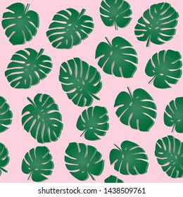 Seamless pattern with tropical monstera (philodendron) leaves on pastel pink background. Vaporwave trendy 80s-90s style summer tropical vector illustration.