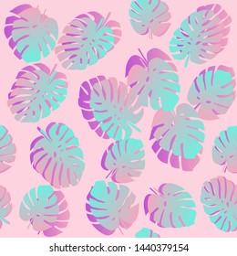 Seamless pattern with tropical monstera (philodendron) leaves on pastel pink background. Vaporwave/ retrowave trendy neon 80s-90s style summer tropical vector illustration.