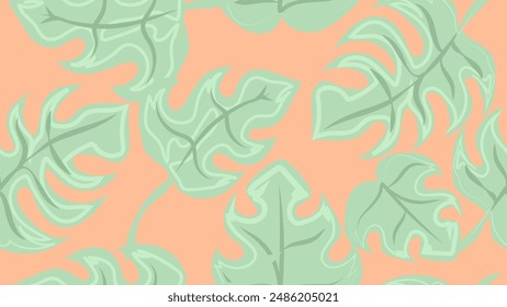 Seamless pattern of tropical monstera plants in peach fuzz and pistachio green colors. vector illustration background