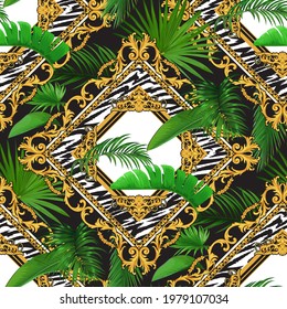 Seamless pattern with tropical motif and golden baroque scrolls