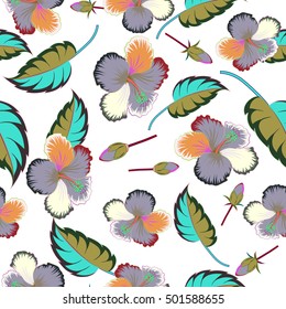 Seamless pattern with tropical multicolor flowers, leaves and buds in watercolor style. Vector hibiscus pattern on a white background.