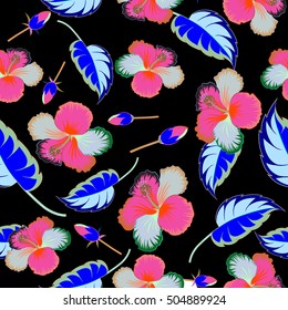 Seamless pattern with tropical multicolor flowers, leaves and buds in watercolor style. Vector hibiscus pattern on a black background.