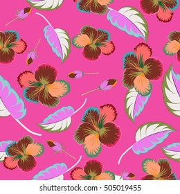 Seamless pattern with tropical multicolor flowers, leaves and buds in watercolor style. Vector hibiscus pattern on a magenta background.