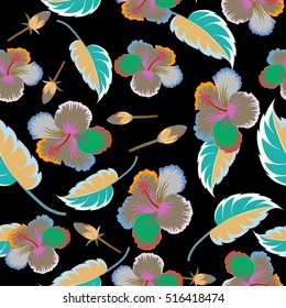 Seamless pattern with tropical multicolor flowers, leaves and buds in watercolor style. Vector hibiscus pattern on a black background.