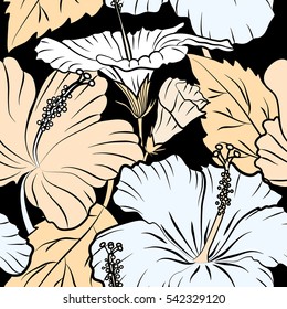 Seamless pattern with tropical multicolor flowers, leaves and buds in watercolor style. Vector hibiscus pattern on a black background.