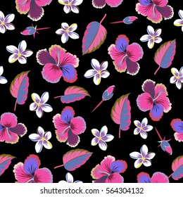 Seamless pattern with tropical multicolor flowers, leaves and buds in watercolor style. Vector hibiscus pattern on a black background.