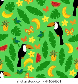 Seamless pattern with tropical nature on green background. Art vector illustration.