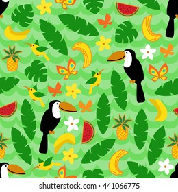 Seamless pattern with tropical nature on green wave background. Art vector illustration.