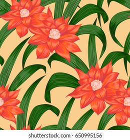 Seamless pattern with tropical orange bromeliad flowers. Exotic floral botanical background. Vintage hand drawn vector illustration in watercolor style