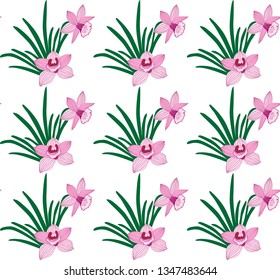 Seamless pattern with tropical orchid flower. Beautiful flowers, floral ornament, tropical background.The elegant the template for fashion prints. Simple Hand Drawn Vector Illustration. 
