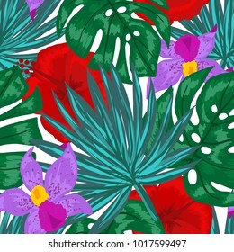 Seamless pattern with tropical orchid and hibiscus flowers, palm, banana and monstera leaves on white background. Can be used for textile, paper, clothing print. Vector illustration.