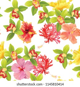 Seamless pattern of tropical orchid and hibiscus flowers background template. Vector set of blooming floral for holiday invitations, greeting card and fashion design.