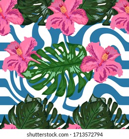 Seamless pattern with tropical orchid and hibiscus flowers, palm, banana and monstera leaves on striped background.