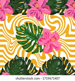 Seamless pattern with tropical orchid and hibiscus flowers, palm, banana and monstera leaves on striped background.