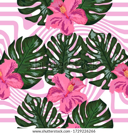 Seamless pattern with tropical orchid and hibiscus flowers, palm, banana and monstera leaves on striped background.