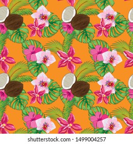 seamless pattern with tropical ornament, coconuts, palm leaves and orchids