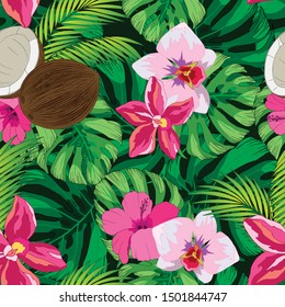 seamless pattern with tropical ornament, coconuts, palm leaves and orchids