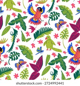 Patrón sin fisuras con adornos tropicales de loros, insectos y plantas. Vector