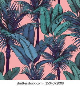 Seamless pattern with tropical palm and banana leaves on pink background. Hand drawn vector illustration.