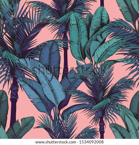 Seamless pattern with tropical palm and banana leaves on pink background. Hand drawn vector illustration.