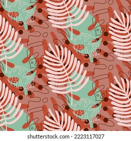 Seamless pattern with tropical palm leaf on brown background
