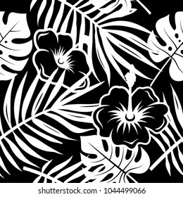 Seamless pattern with tropical palm leaves and exotic flowers. Hand drawn vector background. Trendy floral wallpaper