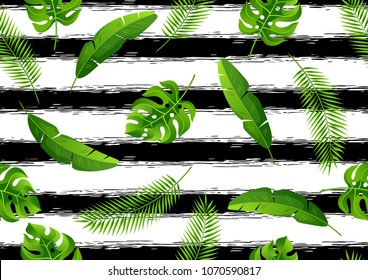 Seamless pattern with tropical palm leaves. Exotic tropical plants. Illustration of jungle nature.