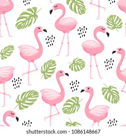 Seamless pattern with tropical palm leaves and flamingo. Vector illustration.