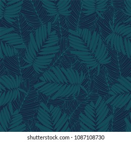 Trama tropical sin problemas con hojas de palma sobre fondo verde oscuro.Ilustración vectorial.