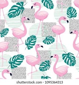 Seamless pattern with tropical palm leaves and flamingo. Vector illustration.