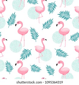 Seamless pattern with tropical palm leaves and flamingo. Vector illustration.