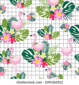 Seamless pattern with tropical palm leaves and flamingo. Vector illustration.