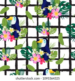Seamless pattern with tropical palm leaves and flowers. Vector illustration.