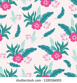 Seamless pattern with tropical palm leaves and flowers. Vector illustration.