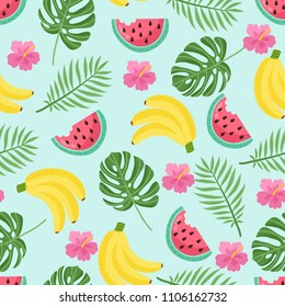 Seamless pattern with tropical palm leaves and fruits. Vector illustration.