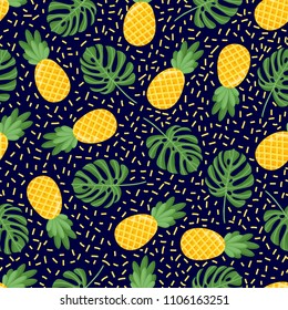 Seamless pattern with tropical palm leaves and fruits. Vector illustration.