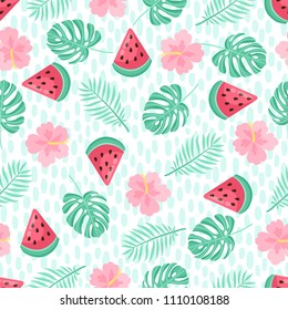 Seamless pattern with tropical palm leaves and fruits. Vector illustration.