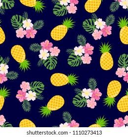 Seamless pattern with tropical palm leaves and fruits. Vector illustration.