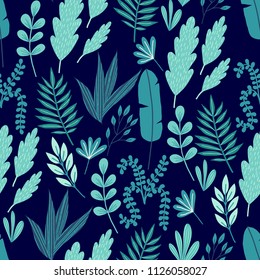 Seamless pattern with tropical palm leaves and flowers. Vector illustration.