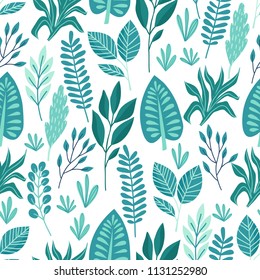 Seamless pattern with tropical palm leaves and flowers. Vector illustration.