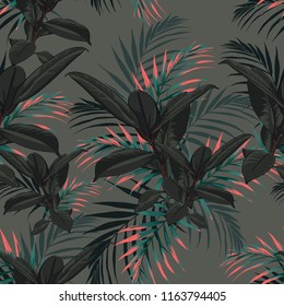 Seamless pattern with tropical palm leaves and exotic plants. Dark and bright palm leaves on the dark green background. Vector seamless pattern. Tropical illustration. Jungle foliage.