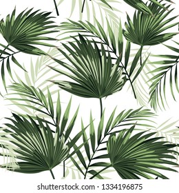 Seamless pattern with tropical palm leaves on white background.