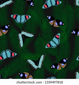 Seamless pattern tropical with palm leaves and colorful tropical butterflies,on a black background.Vector illustration.