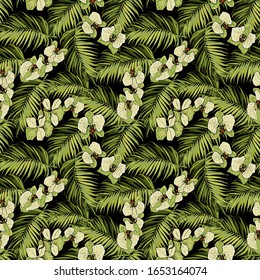  Nahtloses Muster. Tropische Palmenblätter, Bananen und orchide Blumen. Vintage botanische Illustrationen. Für die Gestaltung von Tapeten, Stoff, Freizeitkleidung, Strandtextilien.
